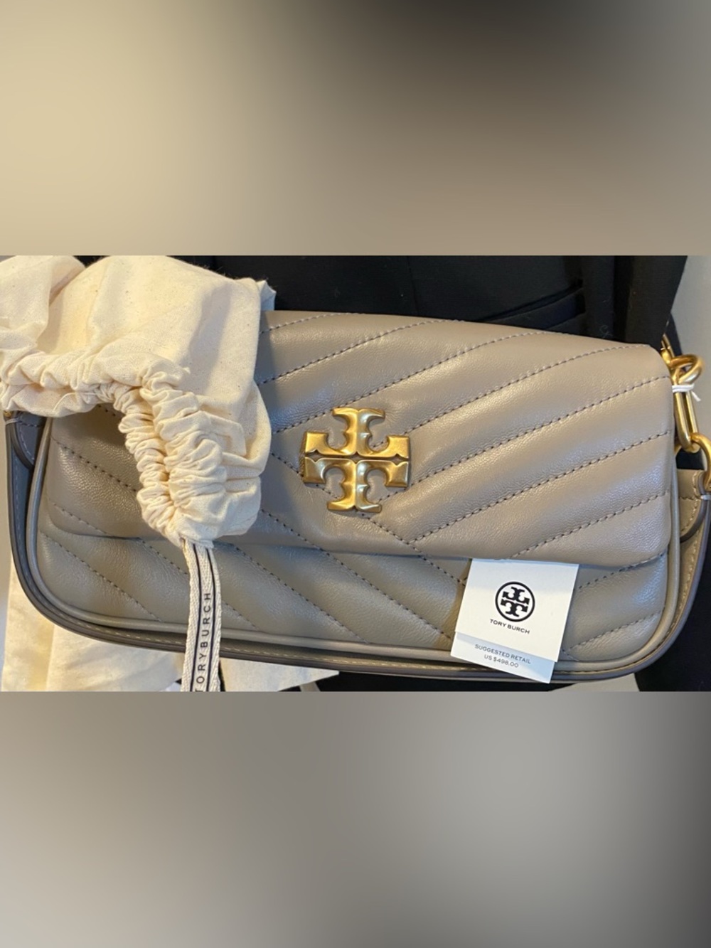 Tory Burch Kira Chevron Small Flap Shoulder Bag Grey Heron-NWT - Picture 3 of 9